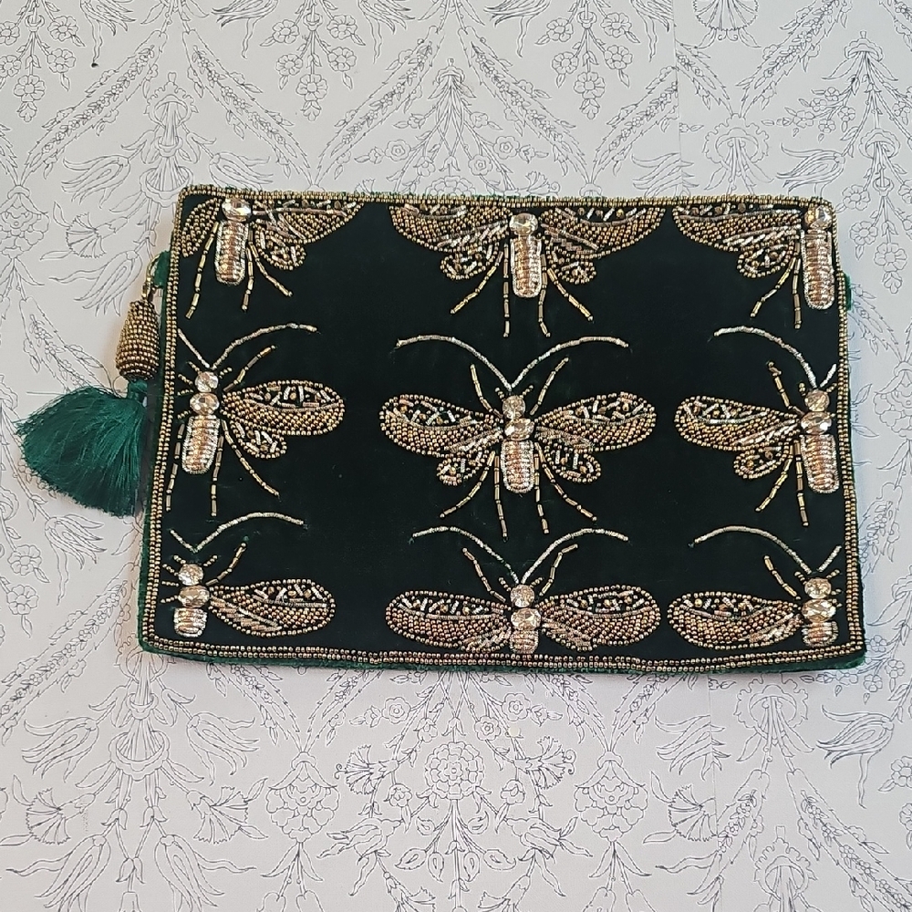 Embroidered Green and Gold Clutch